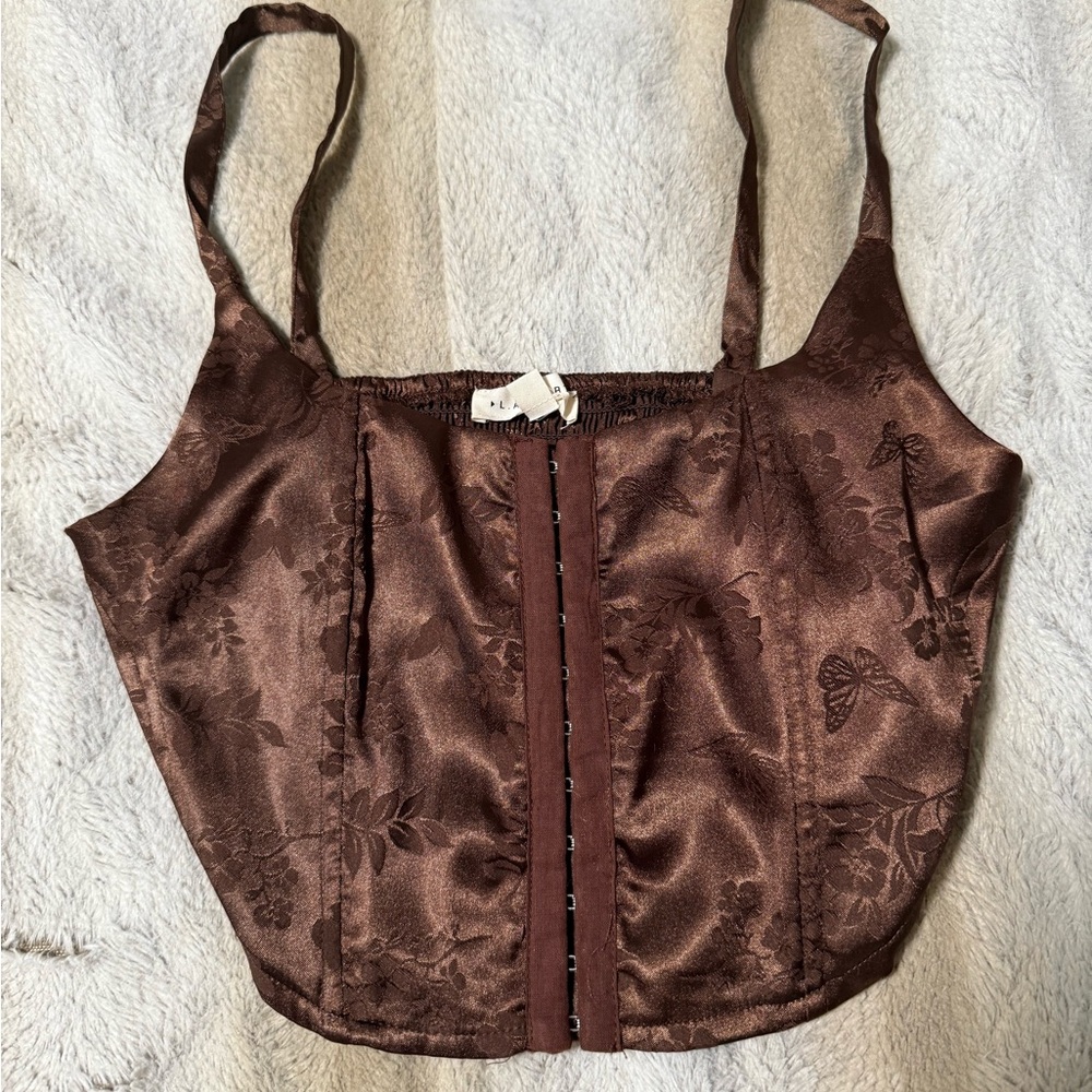 Brown Satin Floral Corset Top